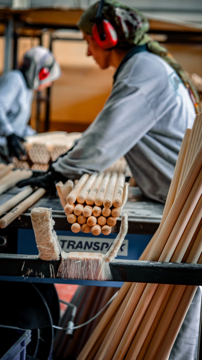 Industrial workers operating machinery for processing wooden rods in a factory setting.